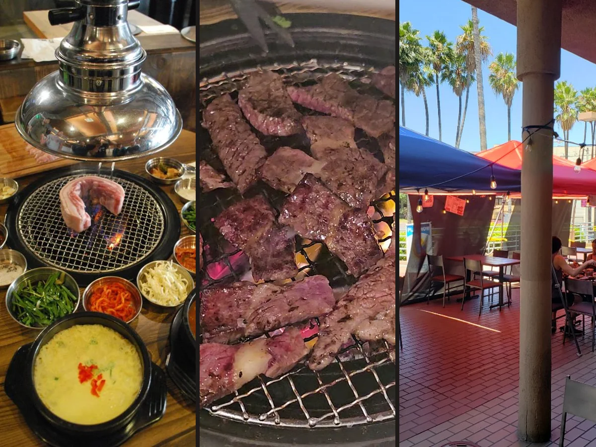 Charcoal grill table in a modern Korean BBQ dining room.