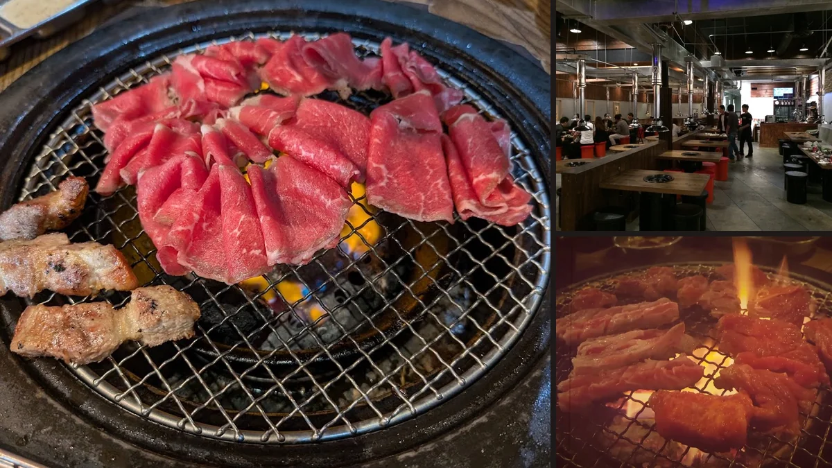 Warm restaurant interior with grill-ready tables.